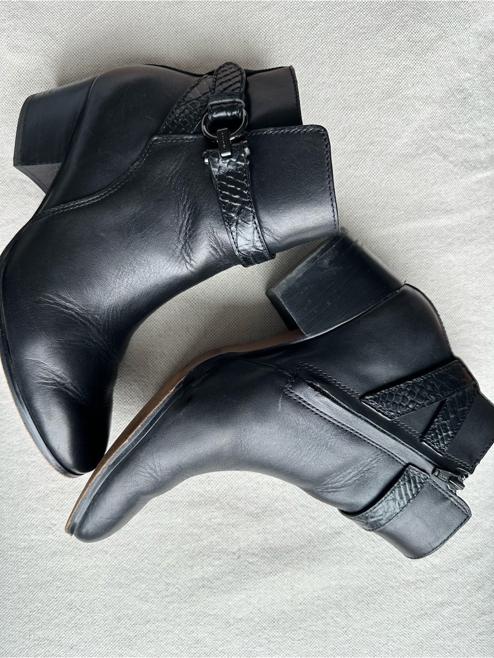 Coach Black Leather Ankle Booties with Textured Strap